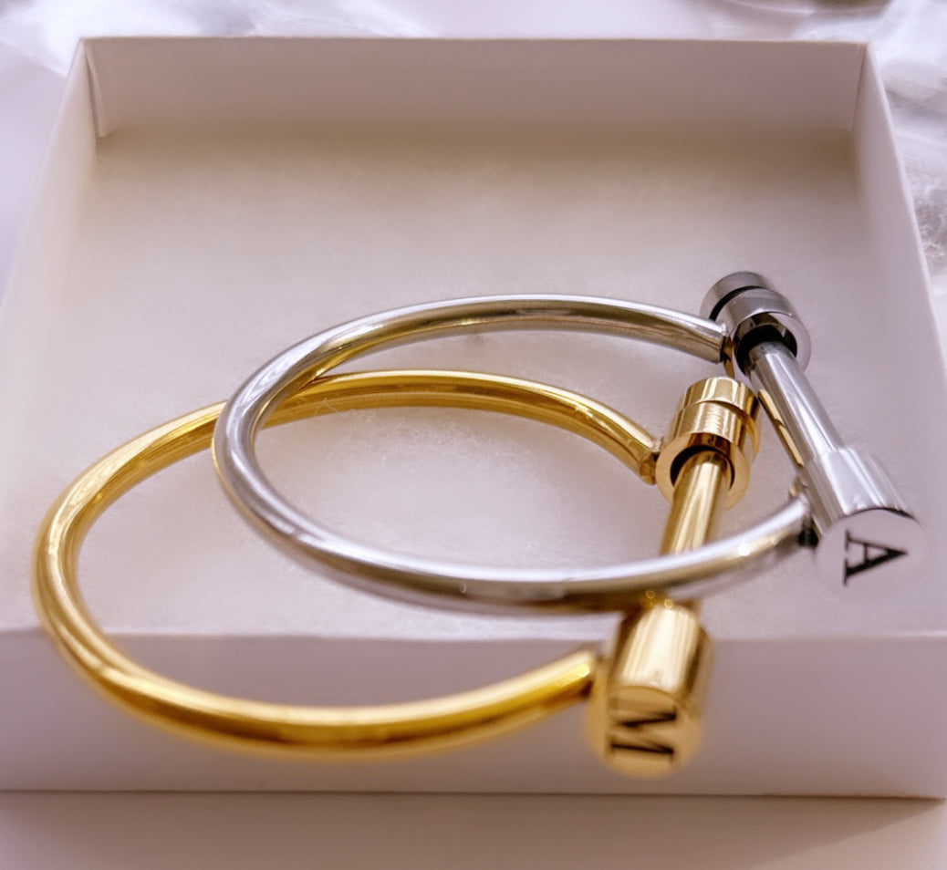Screw Cuff Bracelet with Engraved Initial