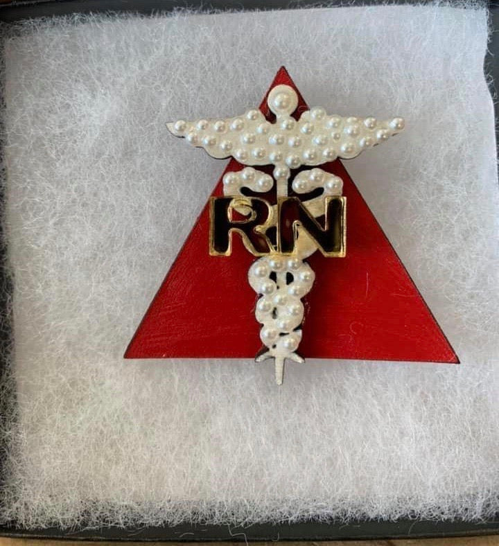 Red and pearl Caduceus medical brooch for registered nurses - Delta Sigma Theta crimson and cream
