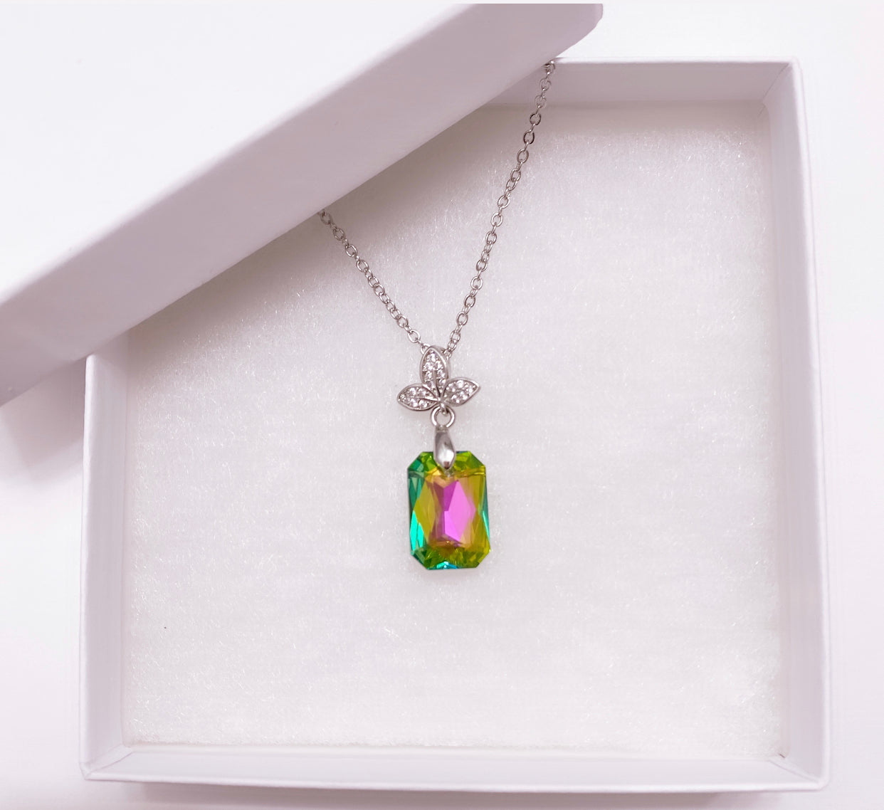 pink and green gem pendant AKA necklace with flower charm