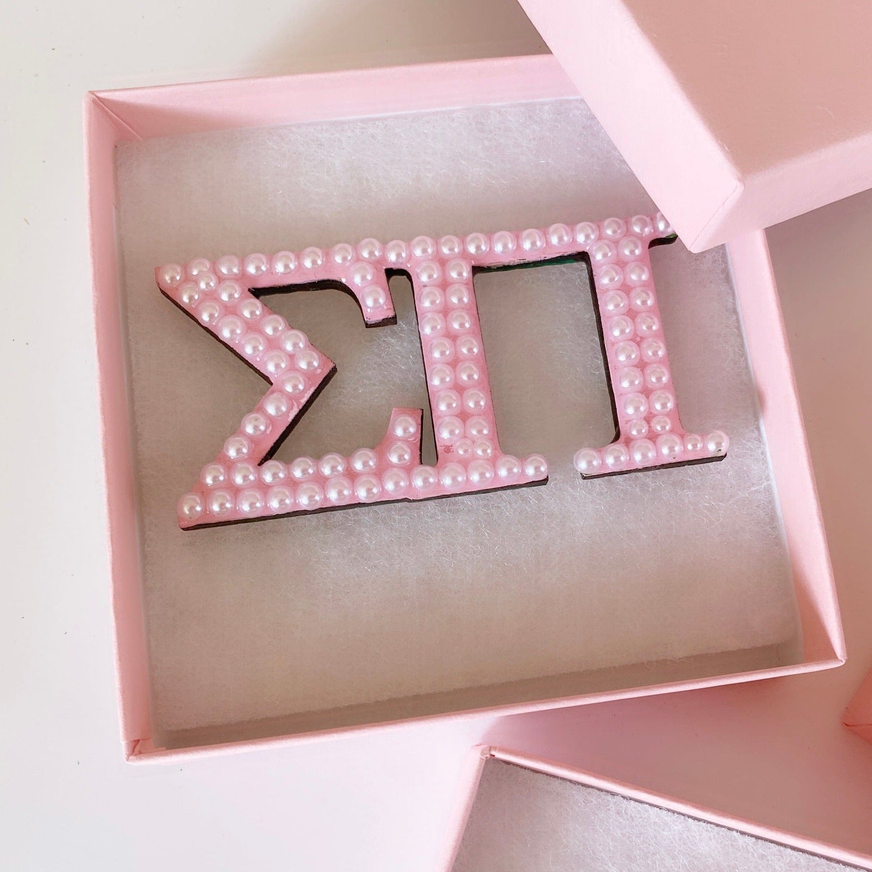 Handmade pink and pearl sorority chapter brooch pin