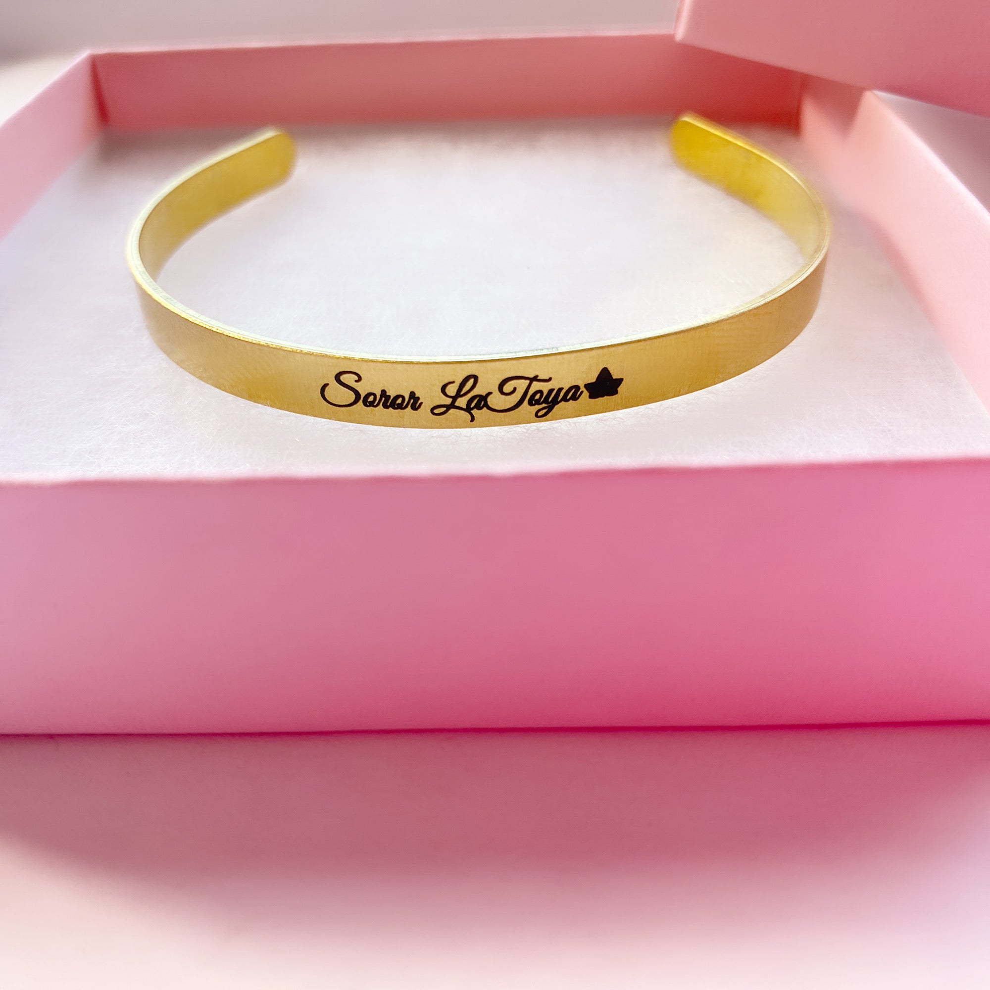 Personalized brass Bracelet with soror name engraved.