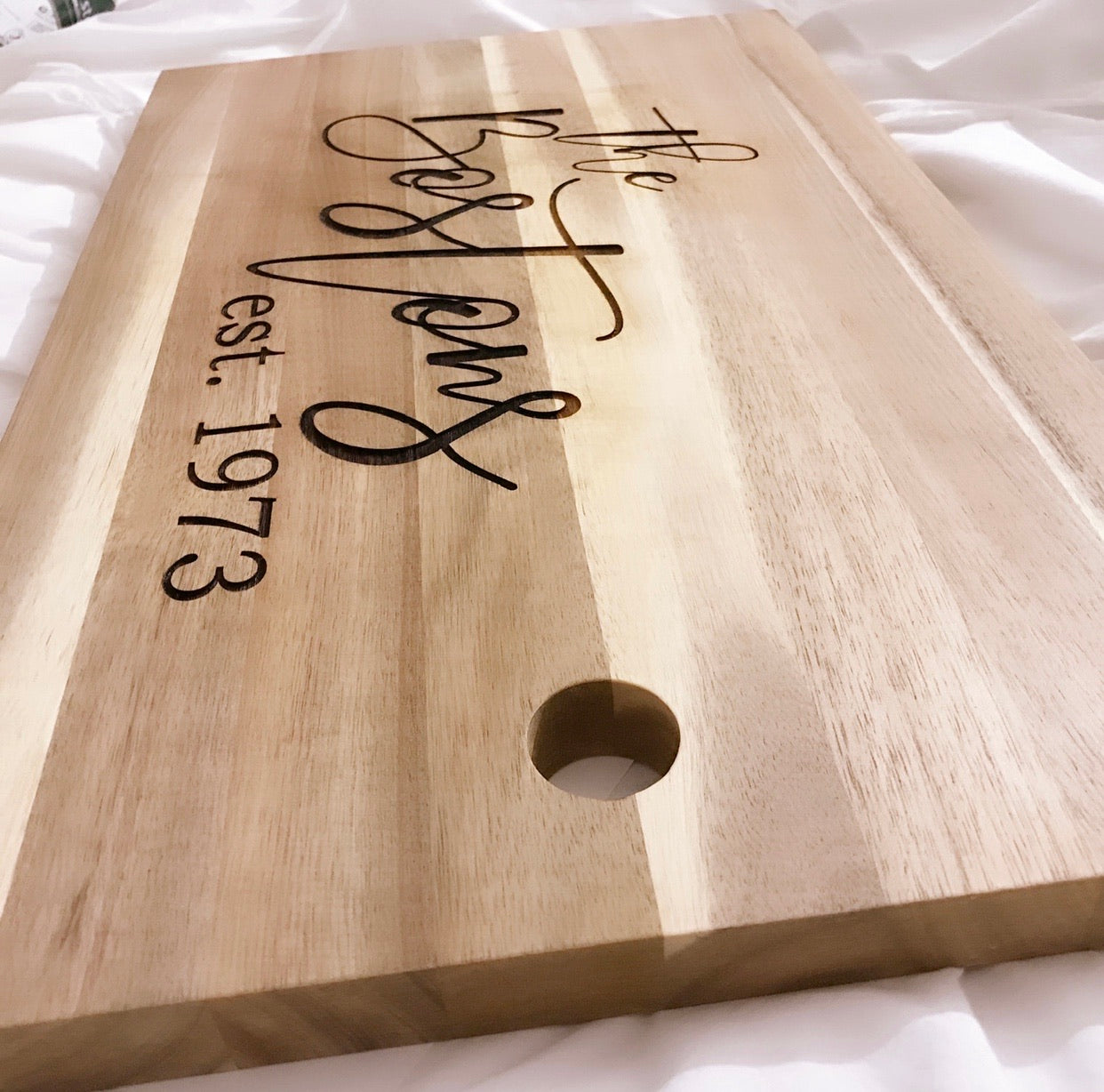 Personalized wooden cutting board, charcuterie board, available online at The Chic Greek Store.
