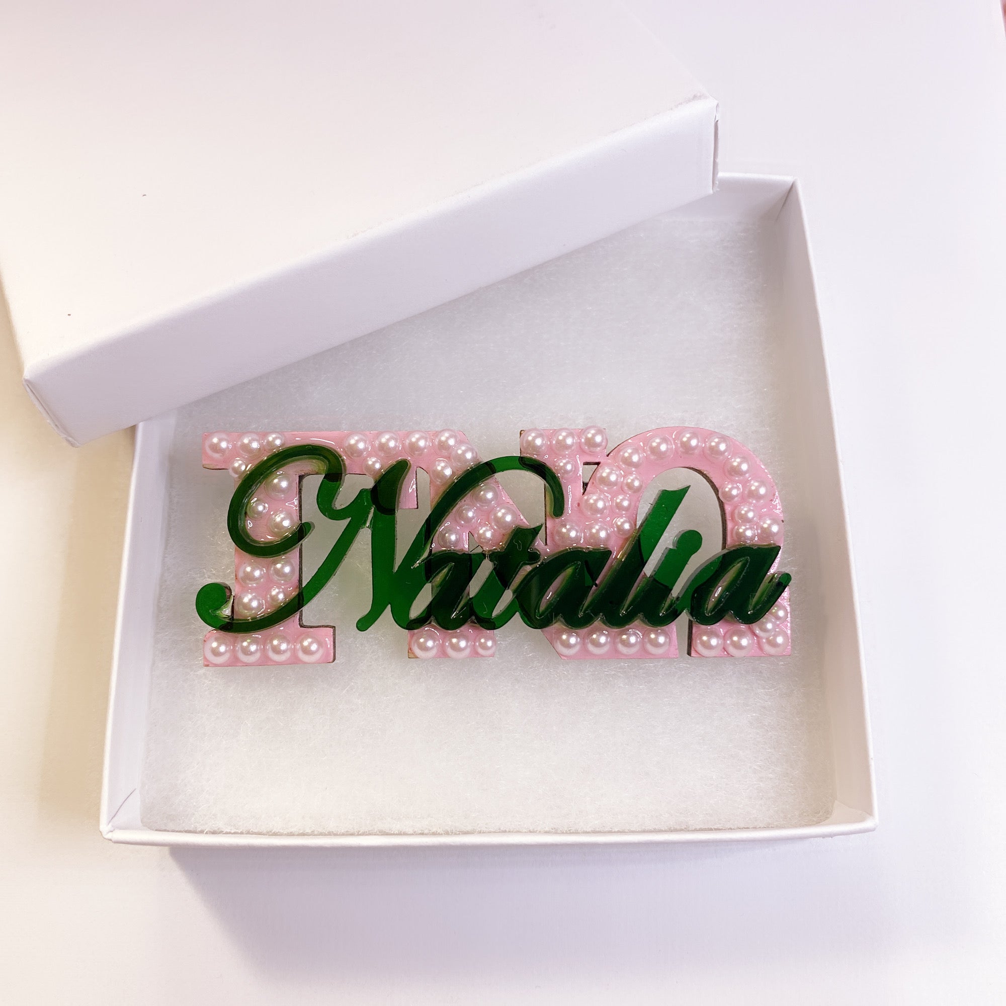 Handmade pink and green chapter, name and initiation year brooch, lapel pin, and pendants. decorated with beautiful pearls.
