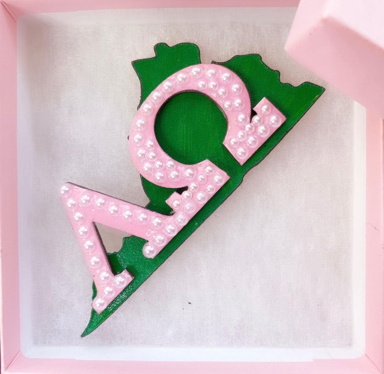 Beautiful handmade pink and green Alpha Kappa Alpha chapter lapel pin embellished with pearls.