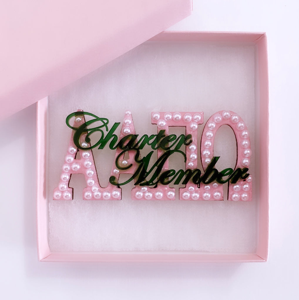 Customized Charter Member Pin - Hand-crafted pink and green AKA brooch with pearls