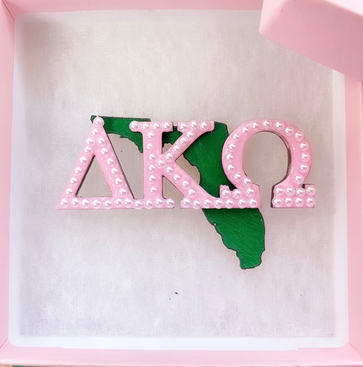 Beautiful handmade AKA lapel pin with pink and green chapter name and state of FL.