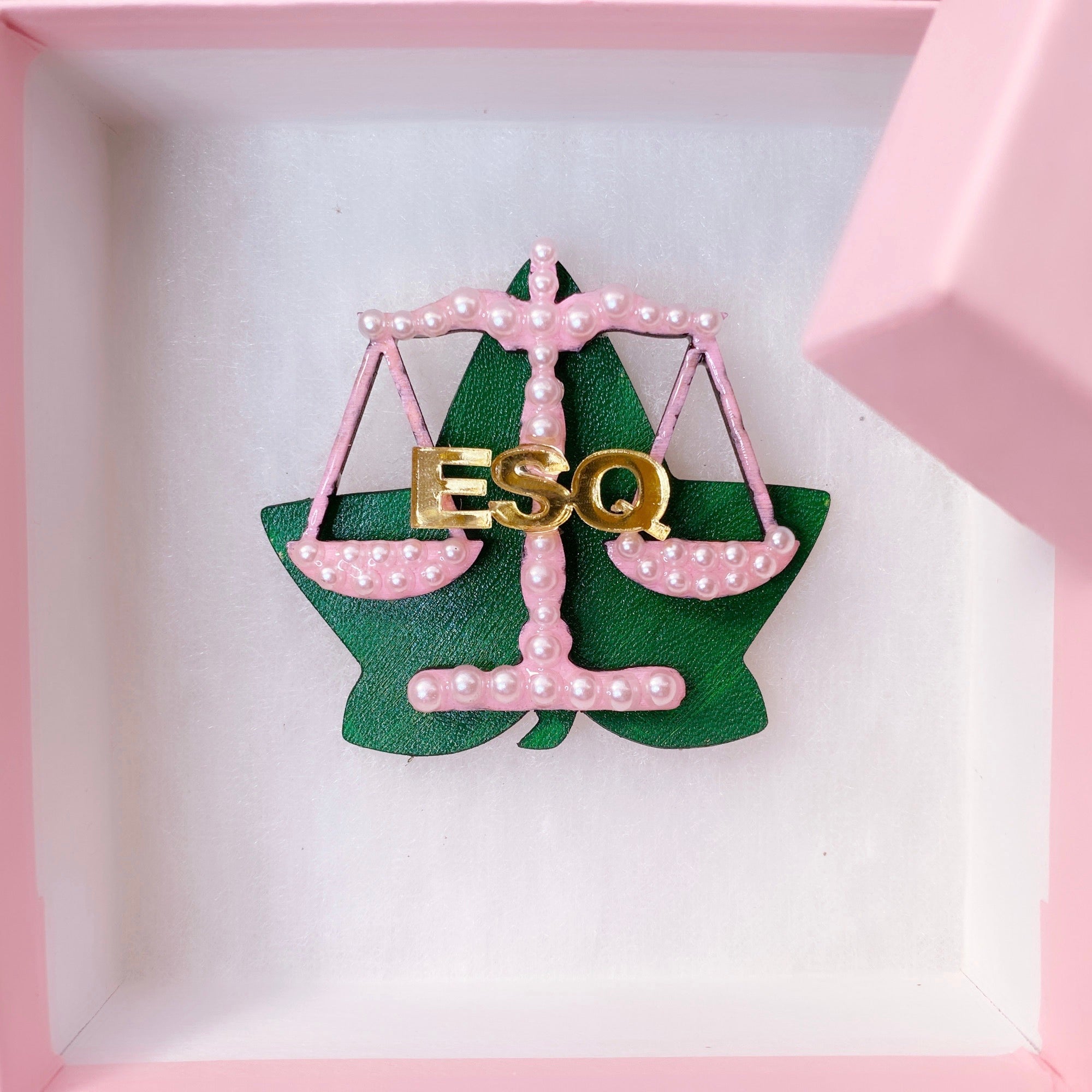 Pink and green ivy Alpha Kappa Alpha pearl ESQ Attorney brooch for lawyers