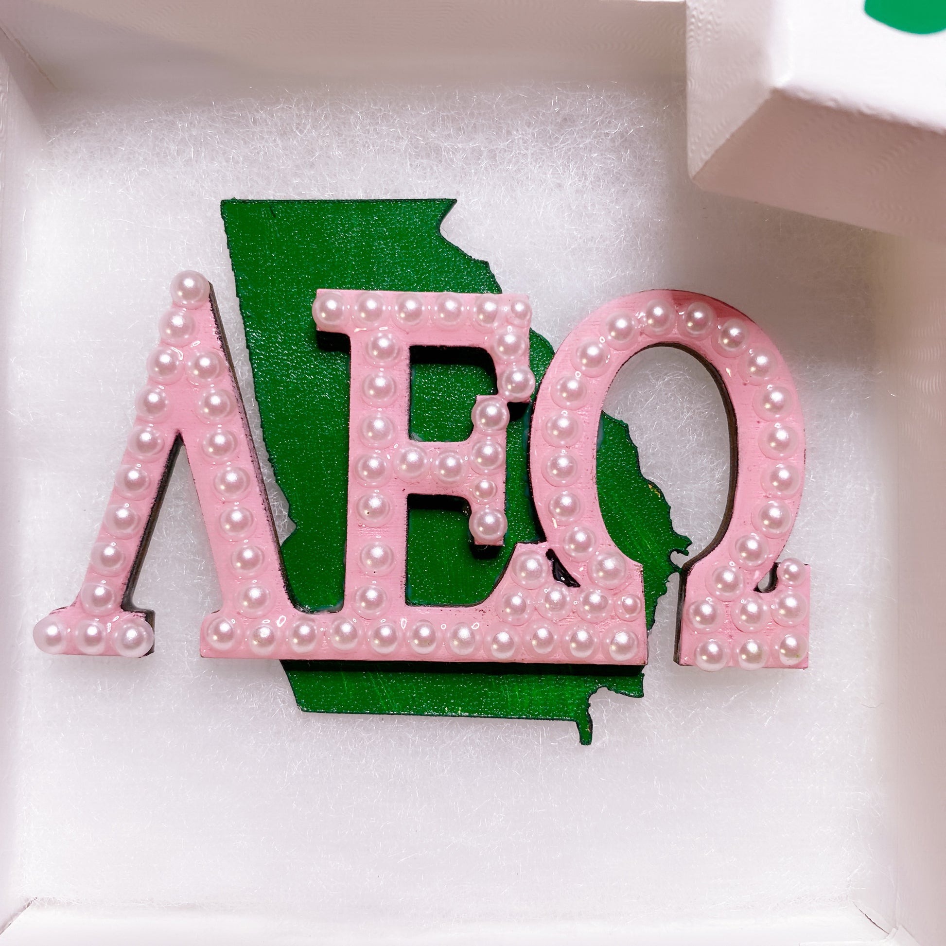 Beautiful handmade AKA sorority pin with pink and green chapter name and state of GA.